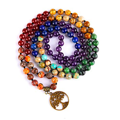 Bivei 7 Chakra 108 Mala Beads Bracelet Real Gemstone Yoga Meditation Hand Knotted Mala Prayer Bead Necklace - size: 8mm, style: # Life Tree - 7 Chakras