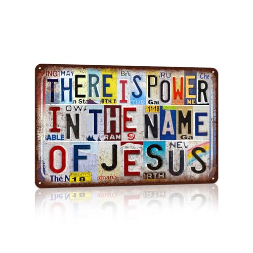 Vintage Sign Religious Metal Wall Art License Plate for Bedroom, Study, Meditation Room, Gift 12×8 Inches - There Is Power In The Name Of Jesus - color: Plate-b-07