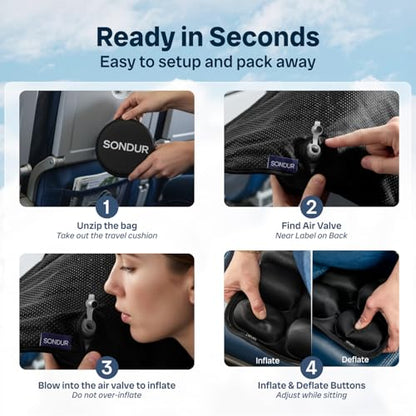Sondur™ Travel Cushion – CloudAir Technology Airplane Seat Cushion – Inflatable Travel Cushion for Long Flights – Portable Air Cell Design, Puncture-Resistant Waterproof Pad – Black