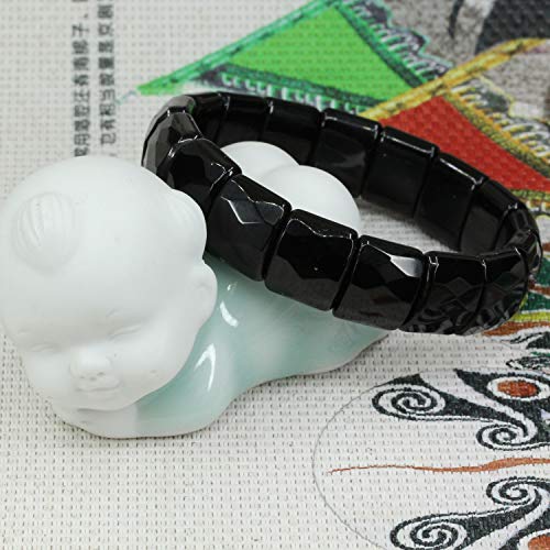 Keleny Gemstones Semi Precious 15mm Square Grain Faceted Beaded Stretch Bangle 7.5 Inch Unisex - color: Black Obsidian