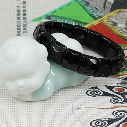Keleny Gemstones Semi Precious 15mm Square Grain Faceted Beaded Stretch Bangle 7.5 Inch Unisex - color: Black Obsidian