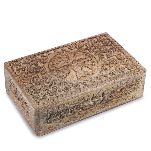 Ajuny Wooden Jewelry Box Tree of Life Carvings Travel Trinket Holder Storage Case Handmade Treasure Box Keepsake 8x5 Inch Multipurpose Organizer Unique Gifts for Men & Women - style: Center Small Tree