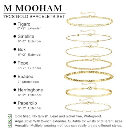 M MOOHAM 7PCS Gold Bracelets for Women - 14K Real Gold Plated Beaded Bracelets Set Rope Paperclip Chain Stackable Bracelet Non Tarnish, Friendship Birthday Jewelry Gifts for Women Teen Girls