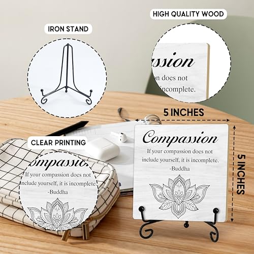 Buddha Compassion Quote Desk Decor, Funny Office Inspirational Gifts for Family Friends, Meditation Room Tabletop Decor, Zen Home Office Wooden Plaque Sign with Stand (J01) - style: Compassion