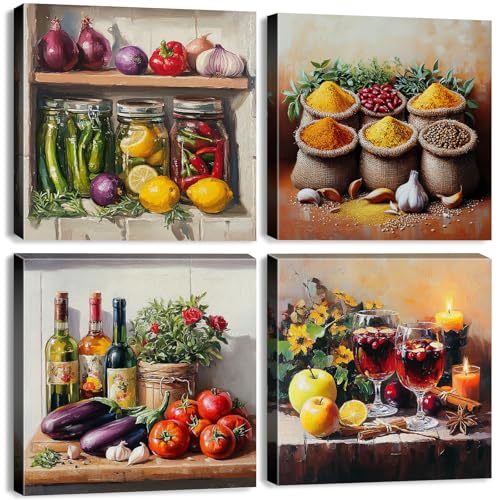 Kitchen Wall Decor Mason Jar Wall Art Spices Food Canvas Prints Kitchen Ingridients Picture Rustic Still Life Painting Vintage Healthy Vegetables Poster Artwork Dining Room Home Decoration 16x16" 4Pcs - color: Retro Kitchen Decor, size: 16"l X 16"w