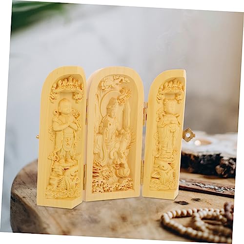 ABOOFAN Wood Buddha Statue Yellow Birch Carving 3-Compartment Box Small Buddha Figurine for Zen Decor Home and Office Decoration