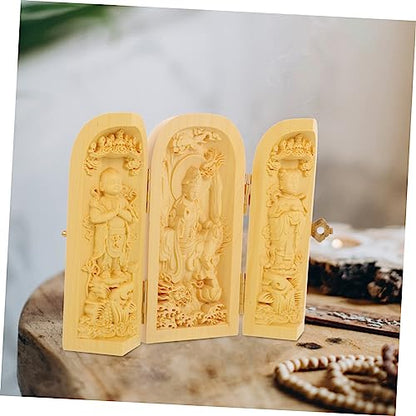 ABOOFAN Wood Buddha Statue Yellow Birch Carving 3-Compartment Box Small Buddha Figurine for Zen Decor Home and Office Decoration