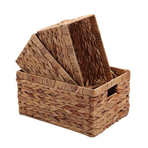 Storage Baskets,Woven Natural Water hyacinth Box with Handle,Kingwillow.(Set of 3) - size: Set of 3