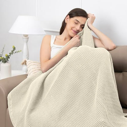 Throw Blanket for Couch, 100% Cotton Soft Lightweight Breathable Summer Blanket Throws, Waffle Weave Throw Size Bed Blanket: Beige (50"x60") - color: Beige, size: Throw (50" x 60")