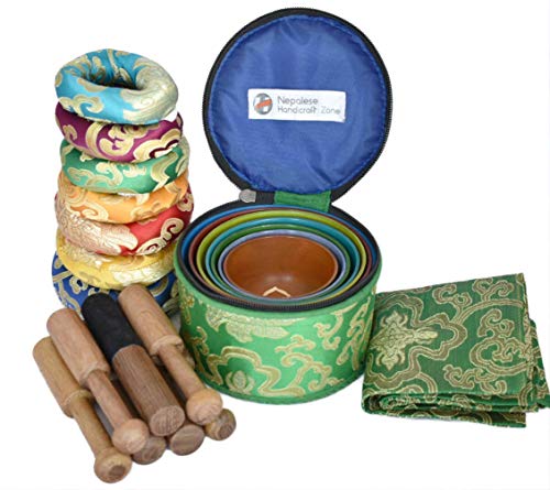 NHZ Chakra Healing Tibetan Singing Bowl Set of 7 for Meditation- Himalayan Singing bowls (Green) - color: Green