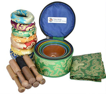 NHZ Chakra Healing Tibetan Singing Bowl Set of 7 for Meditation- Himalayan Singing bowls (Green) - color: Green