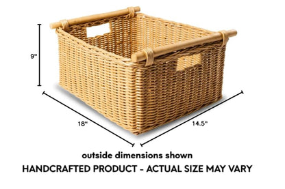 The Basket Lady Pole Handle Wicker Storage Basket, Large, 18 in L x 14.5 in W x 9 in H, Sandstone