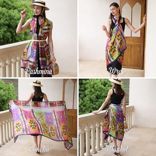 100% Mulberry Extra Large Silk Pashmina Scarf Shawls And Wraps For Women Evening Dress Summer Travel Floral Blanket - color: 72 Multicolor