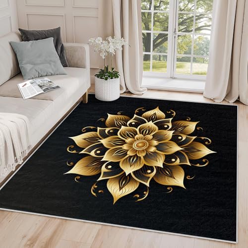 Mandala Rug 5x7 - Mandala Rug, 3x5 Rug, Boho Geometric Meditation Yoga Area Rug, Gold Floral Black Door Mat, Washable & Non Slip & Soft Small Carpet, Mandala Home Decor - color: Black Gold, size: 3' x 5' (Rectangular)