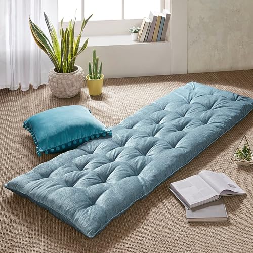 Intelligent Design Edelia Foldable Poly Chenille Light Weight Lounge Floor Pillow Cushion Tufted Seat for Meditation, Game Playing, Yoga, Reading with Travel Wrap, 74x27, Aqua - color: Aqua