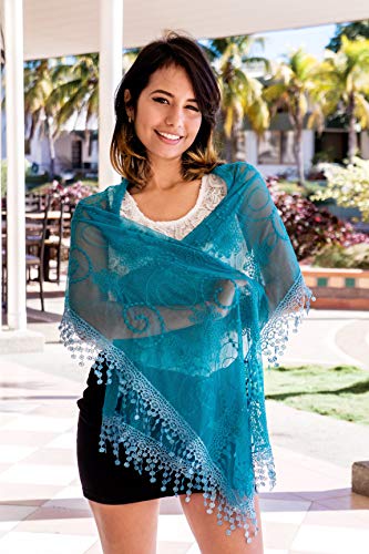Cindy and Wendy Lightweight Soft Leaf Lace Fringes Scarf Bridal Veils shawl for Women - color: Blue