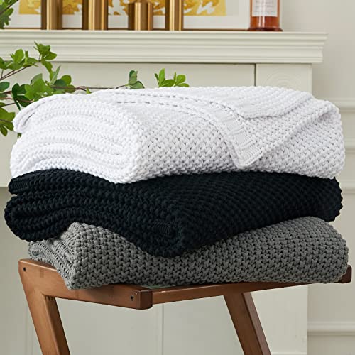 Chunky Cable Knit Throw Blanket Lightweight Black 100% Organic Cotton Blanket for Sofa Couch Bed Baby Nursery, Rustic Shabby Chic Modern Farmhouse, 51” x 63” Give Laundering Bag - color: Black, size: 51"x63", Standard
