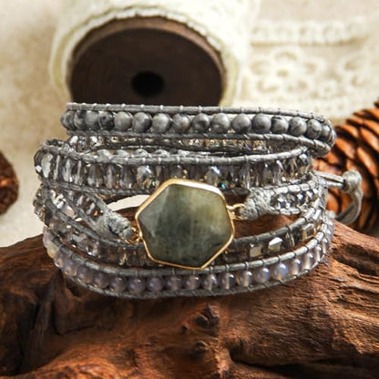 Handmade Boho Wrap Bracelets Natural Turquoise Crystal Stone Variety Beaded Strand Bracelet - color: Labradorite #2