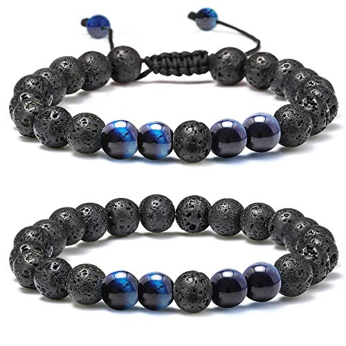 M MOOHAM Fathers Day Gift Mens Bracelet - Beaded Natural Stone 8mm Tiger Eye Matte Agate Lava Rock Bracelets for Men Teen Boys Grandpa Dad Birthday Gifts Jewelry - style: Lava Rock Blue Tiger Eye Bracelets