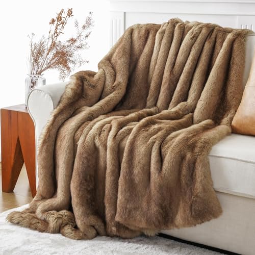 BATTILO HOME Luxury Ochre Faux Fur Throw Blanket, Soft Cozy Mink Fur Blanket for Couch, Sofa, Bed, Plush Warm Fuzzy Fall Fur Throw and Blankets for Home Decor, 50"x60" - color: Camel, size: 50"x60"