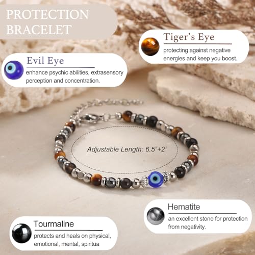 Triple Threat Protection Bracelet for Women,Evil Eye Natural Healing Crystal Beaded Bracelet for Protection - style: Evil Eye Bracelet