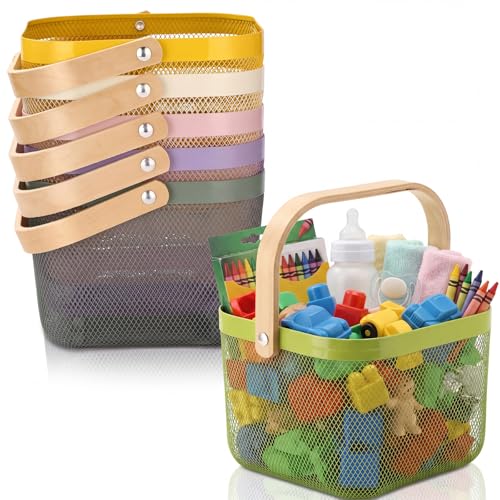 Roshtia Pastel Metal Wire Storage Basket with Wooden Handle, Decorative Farmhouse Organizer for Nursery, Bathroom, Classroom, Pantry Shelf, Gift Basket Container 9.65 Inch - color: Pastel Color, size: 9.65 x 9.65 x 7.09 Inch