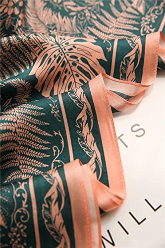 100% Mulberry Silk Long Scarf for Women Large Shawls for Headscarf and Neck- Oblong Hair Wraps with Gift Packed - color: Green&pink Leaves