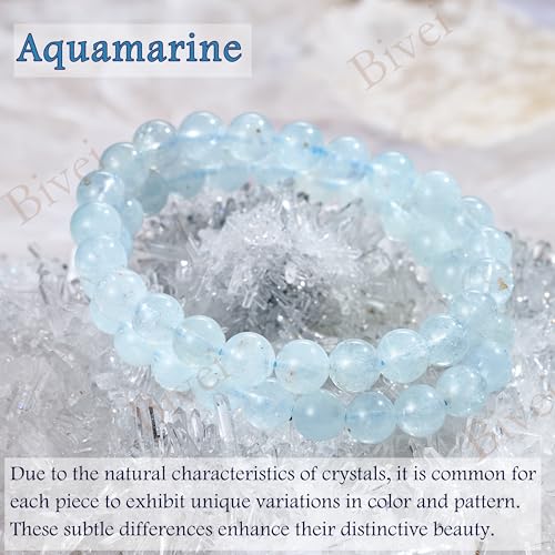 Bivei 8mm Beaded Bracelets for Women Handmade Semi Precious Natural Stone Stretch Elastic Jewelry Yoga Protection Gifts - color: Aquamarine - Calmness, size: Medium 6.8-7.3 inch