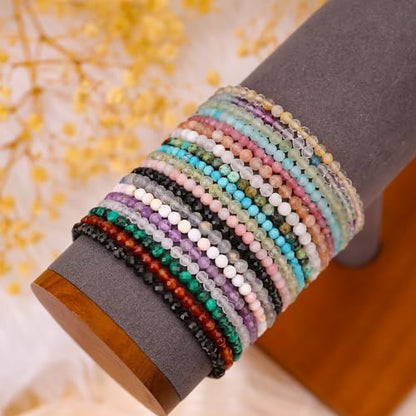 BONNY BOXX Natural Genuine Gemstone Faceted Round Beads Bracelets, 3mm Adjustable Stretchy Tiny Faceted Black Tourmaline Bracelet, Healing Crystal Reiki Chakra Dainty Jewelry Fashion Gifts - color: Black Tourmaline