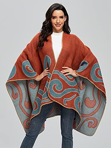Women's Shawls and Wraps Open Front Poncho Cape Winter Sweater - color: N22-retro Orange