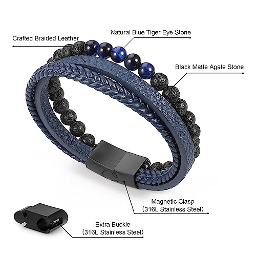 FOCOOG Leather Bead Bracelets for Men, Natural Tiger Eye Lava Rock Stone Bead Magnetic Clasp Adjustable Leather Bracelets Stress Relief Mens Anxiety Bracelet Mens Jewelry Gifts - style: Blue Leather-Lava Rock&Blue Tiger Eye