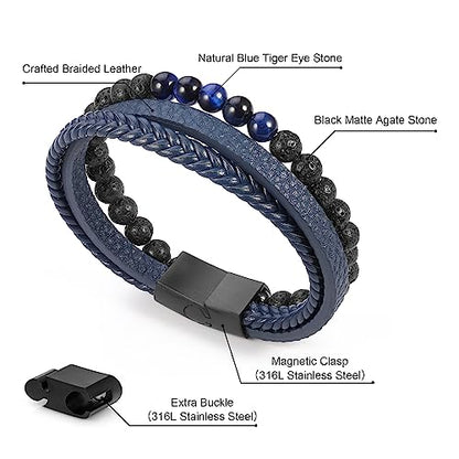 Leather Bead Bracelets for Men, Natural Tiger Eye Lava Rock Stone Bead Magnetic Clasp Adjustable Leather Bracelets Stress Relief Mens Anxiety Bracelet Mens Jewelry Gifts - style: Blue Leather-Lava Rock&Blue Tiger Eye