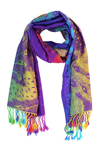 PASKMLNA Double Side Multi Colors Silky Tropical Colorful Exotic Pashmina Wrap Shawl Scarf Rave - color: 050-purple Multi Feathers