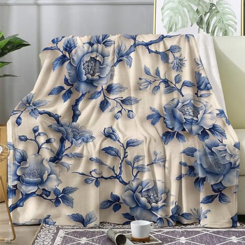 Chinoiserie Throw Blanket, Floral Fleece Blanket for Couch Bed Sofa, Blue and White Porcelain Patterned Blankets and Throws, Super Soft Cozy Plush Flannel Blanket, 50x60, Decor & Gift - color: Chinoiserie, size: Throw (50" x 60")