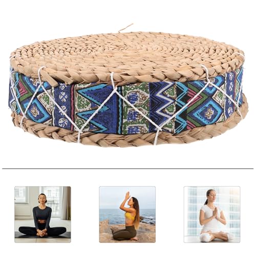 PRETYZOOM Straw Woven Meditation Cushion 30cm Diameter X 7cm Height Natural Corn Husk Floor Pillow for Yoga and Home Seating, Japanese Tatami Style Seat Pad