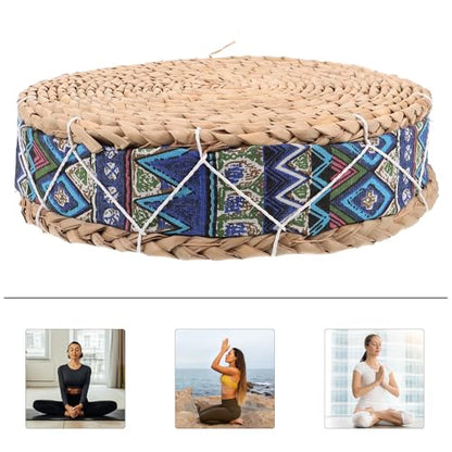 Ciieeo Meditation Floor Cushion Round Woven Straw Seat Mat 30cm Diameter 7cm Height Blue Husk Braided Cushion for Living Room Tatami Balcony Sitting