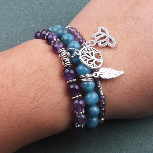 Tree of Life Yoga Healing Stone Bracelets,Multilayer Lotus Chakra Stone Reiki Bracelet Sets,Anxiety Crystal Natural Stone,for Women Stress Relief - style: Amethyst + Apatite