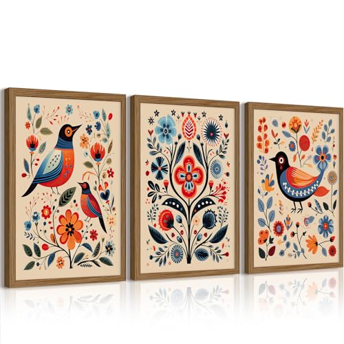 Scandinavian Folk Wall Art Nodic Flower Canvas Wall Decor Norwegian Wall Art Poster Swedish Antique Wall Decor Pictures Floral Bird Prints Vintage Poster for Home Kitchen 16x24x3 Inch Framed - color: Colorful Flower Prints Art, size: 24"L x 16"W, style: F