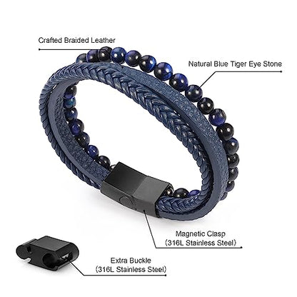 Leather Bead Bracelets for Men, Natural Tiger Eye Lava Rock Stone Bead Magnetic Clasp Adjustable Leather Bracelets Stress Relief Mens Anxiety Bracelet Mens Jewelry Gifts - style: Blue Leather-Blue Tiger Eye Bead