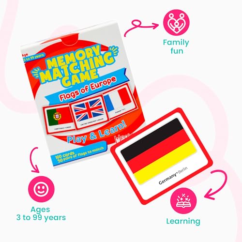 Menique Flags of Europe Memory Matching Game – 100 Cards (50 Pairs) with Flag, Country & Capital – Educational Geography Game for Kids and Adults - style: Flags of Europe