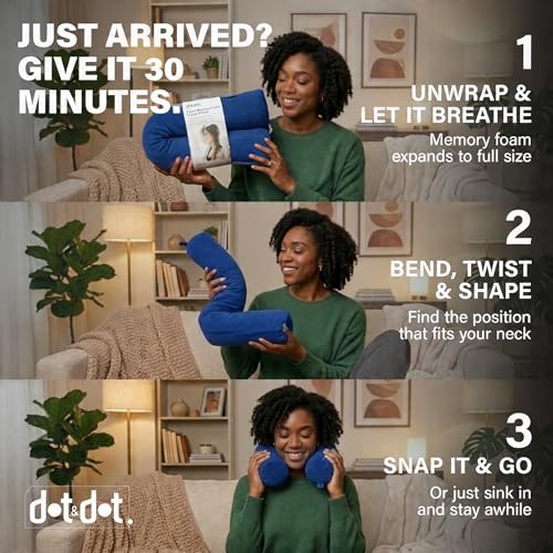 Dot&Dot Twist Memory Foam Travel Pillow for Airplanes - Travel Neck Pillow for Sleeping - Airplane Pillow for Neck Support - Adjustable, Bendable Neck Roll Pillow (Sapphire, One Size)
