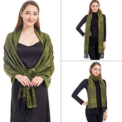 Ciormis Two Tone Silky Paisley Pashmina Shawl Scarf,Soft Women's Rave Jacquard Pashminas Wrap Scarves - color: B#. Green Paisley