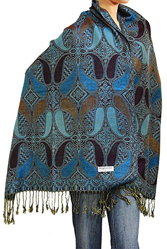 Falari Women's Reversible Paisley Pashmina Shawl Wrap Scarf For Evening Dresses Festivals Any Occasions All Seasons 80"x27" - color: Style 2 - Blue Plum