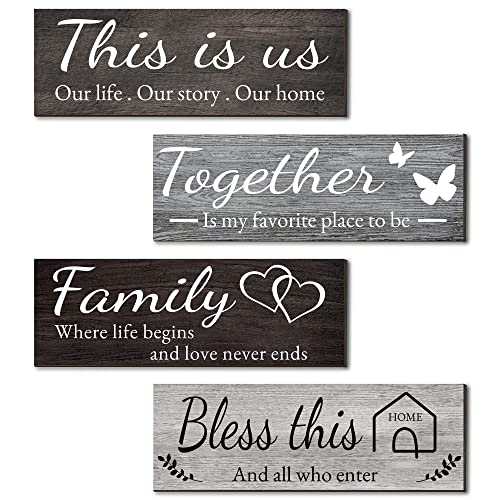 Joyhawk 4 Pieces Home Wall Decor Signs, THIS IS US/TOGETHER/BLESS THIS HOME/FAMILY Wall Decor For Living Room Bedroom, Rustic Wooden Farmhouse Wall Art Decor, 4.7 x 13.8 Inch(Mixed Color) - color: black white grey