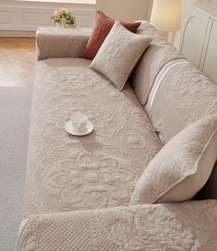 vctops Boho Cotton Quilted Couch Cover Soft Embroidered Sofa Cover Non-Slip Dog Bed Cover Scalloped Sofa Slipcover Washable Furniture Protector Cover (Khaki,28"x59") - color: Khaki, size: 1pc/28"x59"/Rectangular