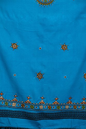 Exotic India Women's Pure Wool Shawl from Kutch with Central Embroidered Chakra and Mirrors Ethnic Design Stole, Scarves - color: Blue Jewel