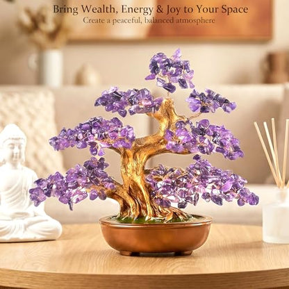 Amethyst Crystal Tree of Life – Handmade Gemstone Bonsai Tree with Natural Stones(360 Large Beads), Chakra Healing for Positive Energy, Home & Office Feng Shui 8" - color: Amethyst Tree With 360 Large Beads