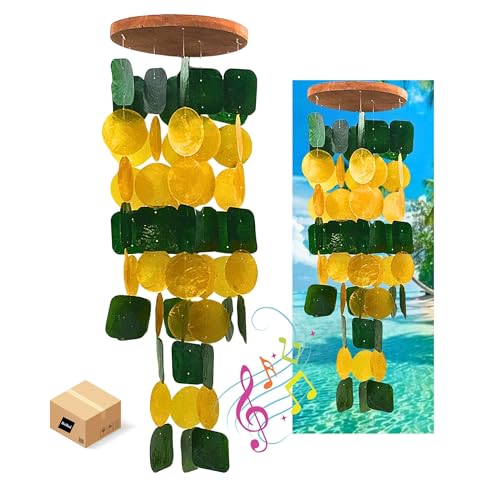 Bellaa 24896 Wind Chimes Outdoor, Garden Decorations, Musical, Indoor/Outside Windchimes, Beach, Ocean Breeze, Gifts for Mom, Gift for All Occasions, Capiz Sea Glass Shells Wood Yellow Green - color: Yellow Green Flower