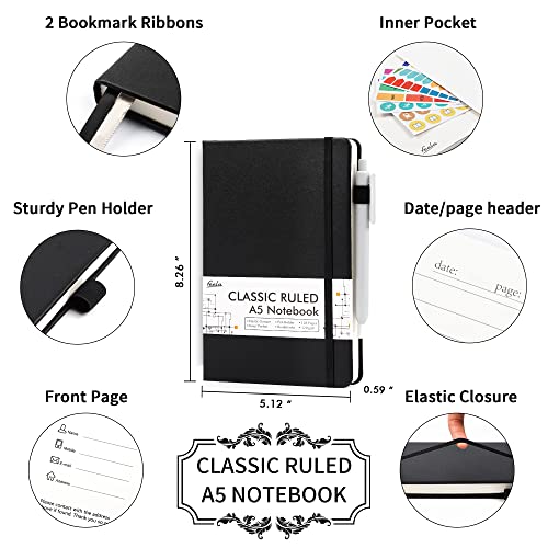 feela 3 Pack Notebooks Journals Bulk with 3 Black Pens, A5 Hardcover Notebook Classic Ruled Lined Journal Set with Pen Holder for Work Business Journaling Note Taking, 120 GSM, 5.1”x8.3”, Black - color: 3 Pack black