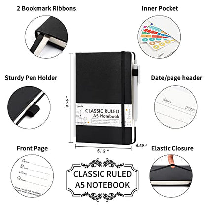 feela 3 Pack Notebooks Journals Bulk with 3 Black Pens, A5 Hardcover Notebook Classic Ruled Lined Journal Set with Pen Holder for Work Business Journaling Note Taking, 120 GSM, 5.1”x8.3”, Black - color: 3 Pack black